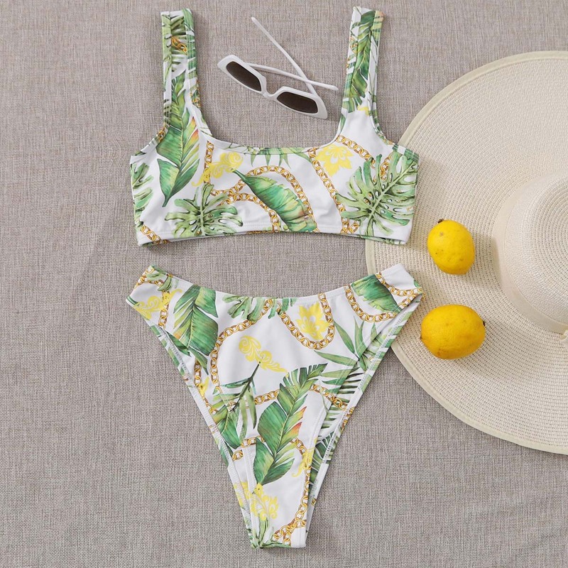 

Tropical & Chain Print High Leg Bikini Swimsuit, Multicolor