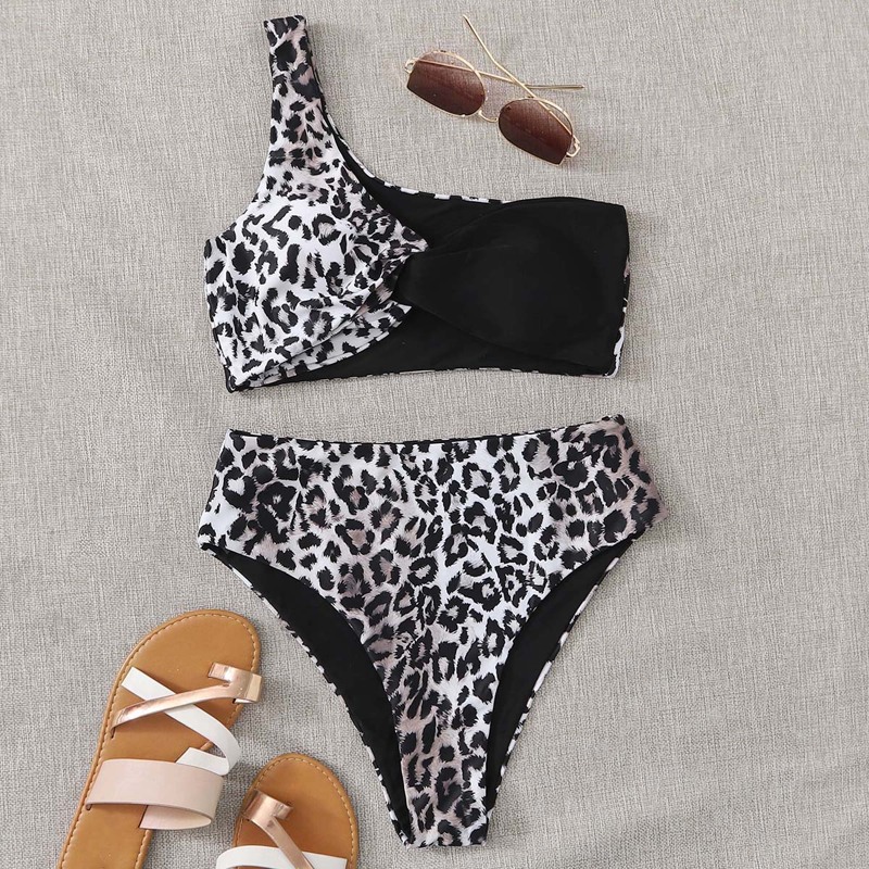 

Leopard Twist One Shoulder Bikini Swimsuit, Multicolor