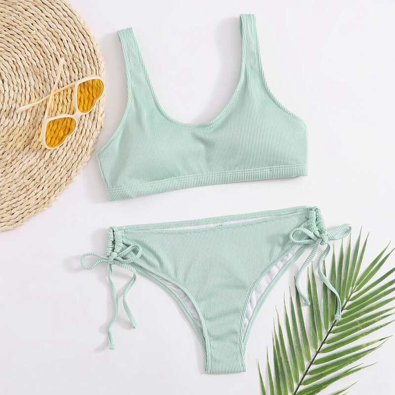 

Rib Tie Side Bikini Swimsuit, Green