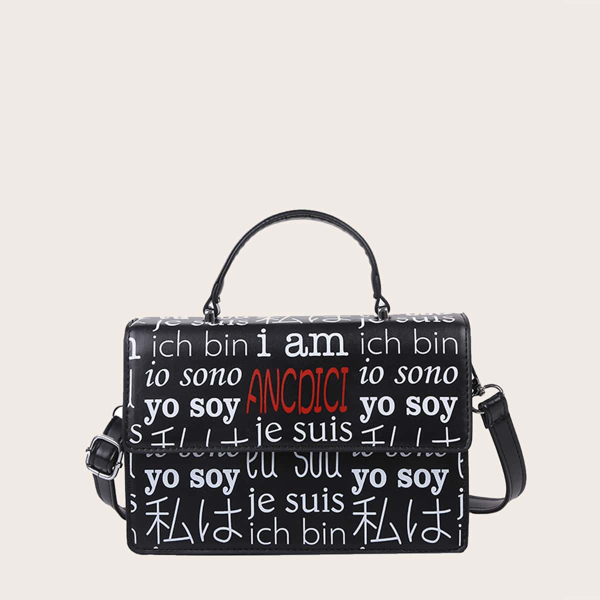 

Letter Graphic Flap Satchel Bag, Black