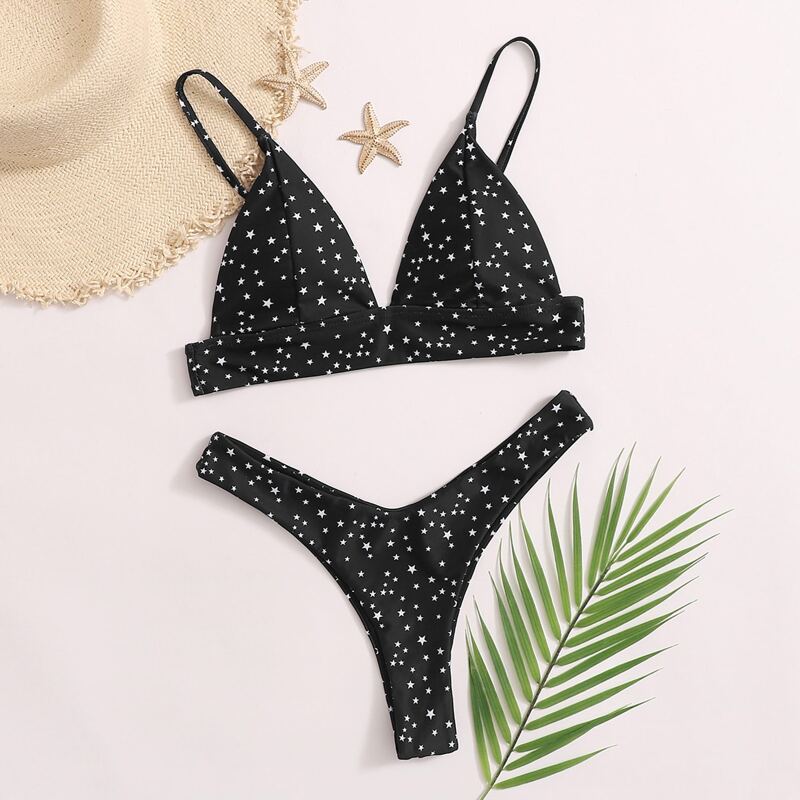 

Galaxy Print Triangle High Leg Bikini Swimsuit, Black