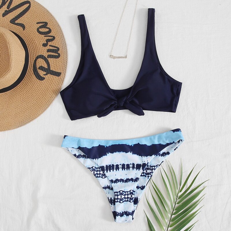

Tie Dye Knot Front Bikini Swimsuit, Navy blue