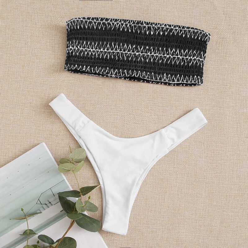

Smocked Bandeau High Cut Bikini Swimsuit, Black and white