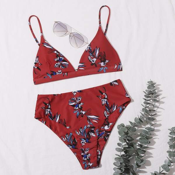 

Floral Triangle High Waisted Bikini Swimsuit, Red
