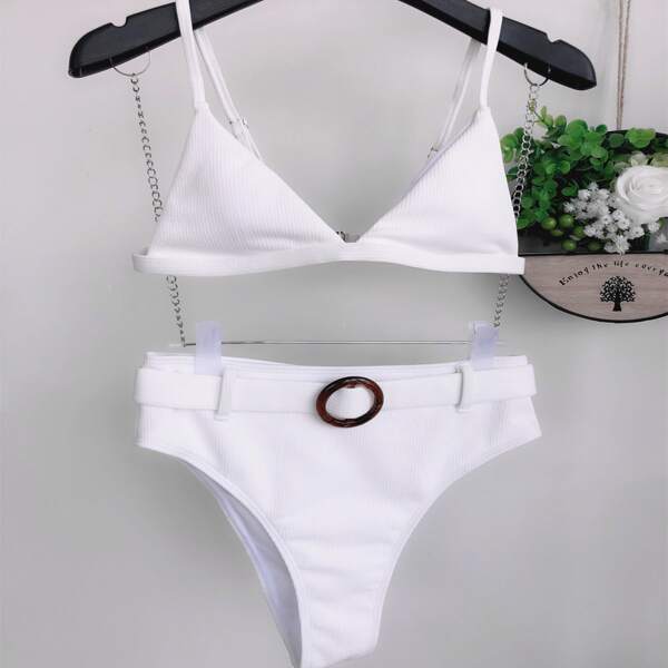 

Rib Triangle High Waisted Bikini Swimsuit, White
