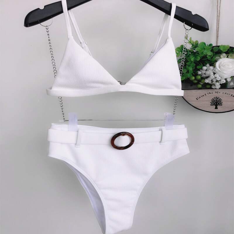 

Rib Triangle High Waisted Bikini Swimsuit, White