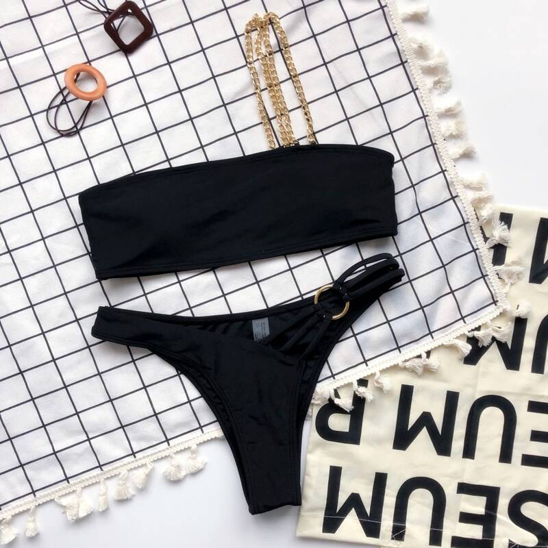 

Chain Strap One Shoulder Bikini Swimsuit, Black