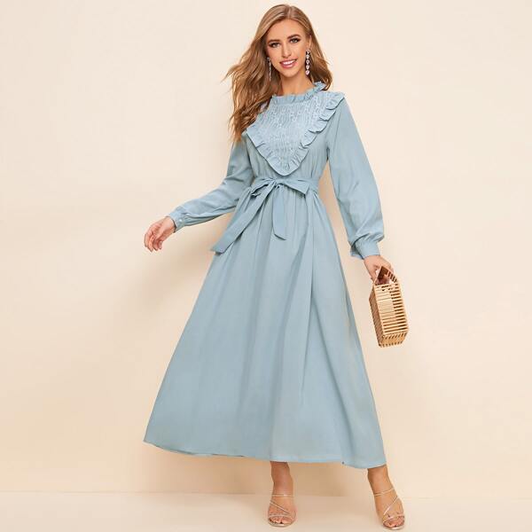 

Contrast Lace Ruffle Trim Belted Dress, Blue