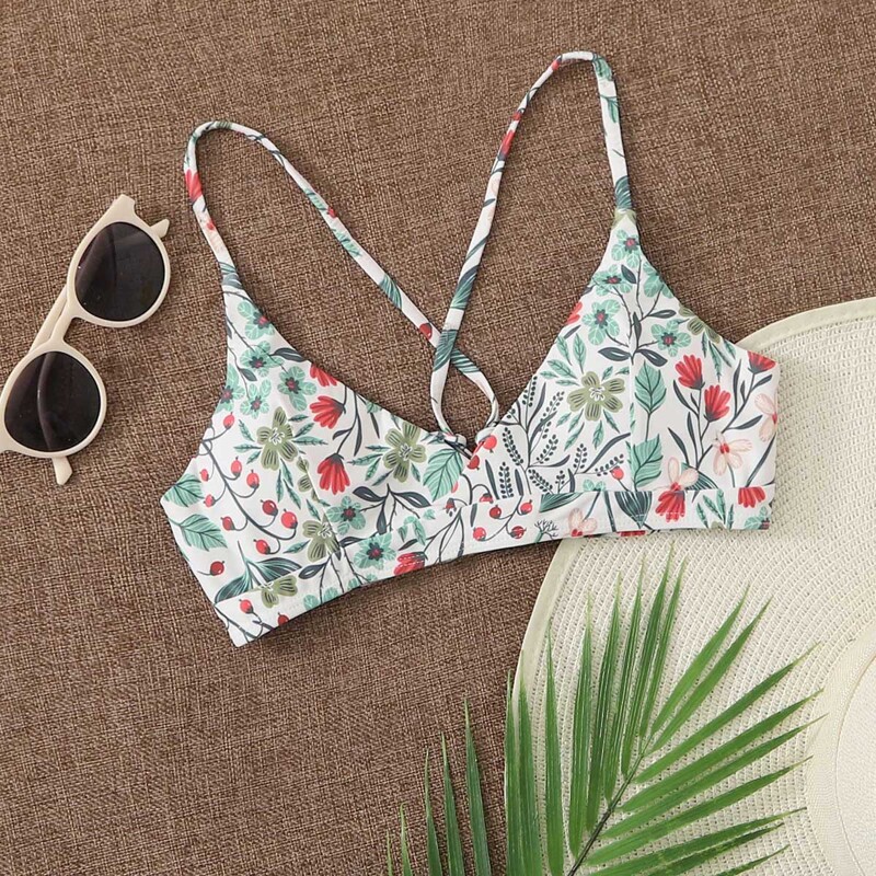 

Floral Lace-up Back Bikini Top, Multicolor