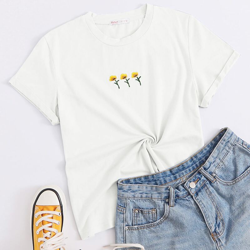 

Flower Embroidery Tee, White