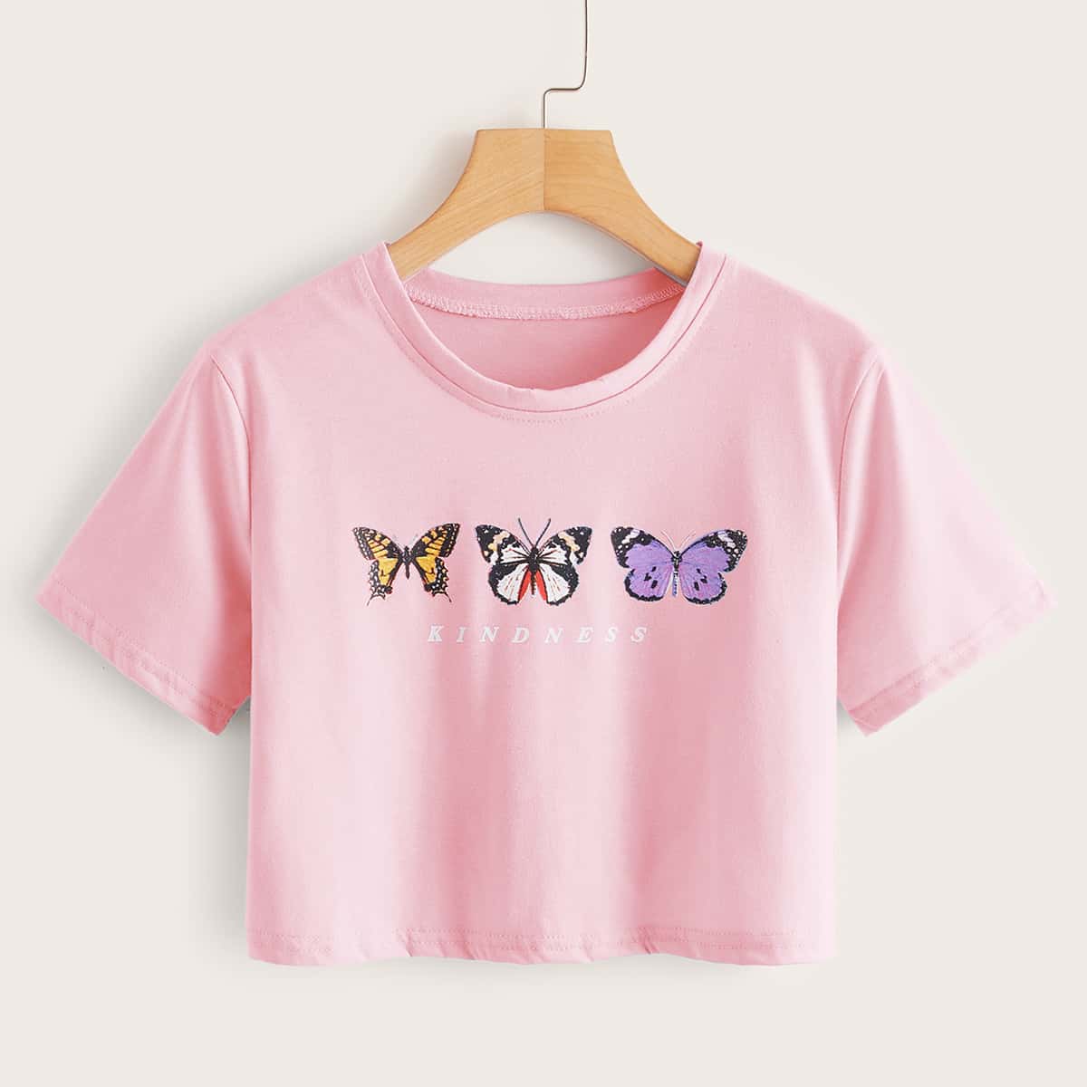 

Butterfly Print Crop Tee, Baby pink