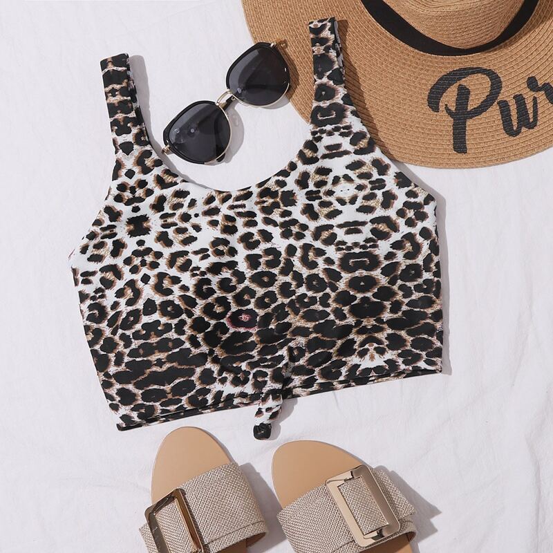 

Leopard Knot Hem Bikini Top, Brown