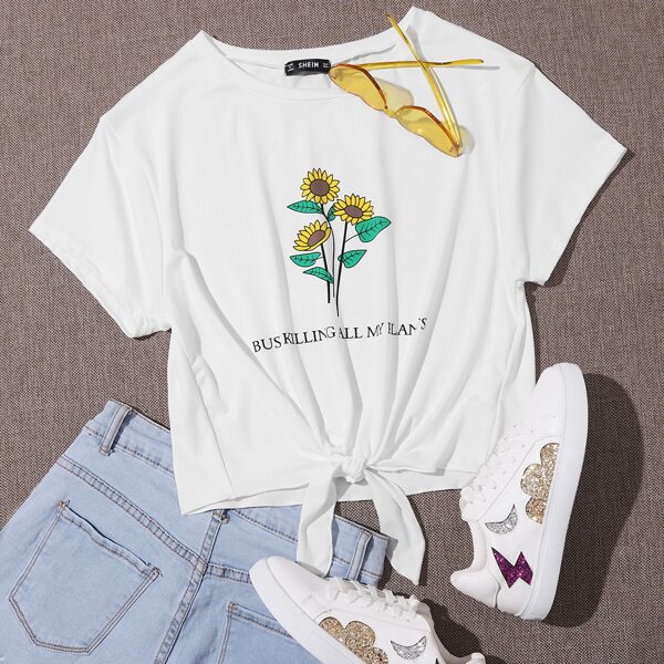 

Tie Hem Slogan & Sunflower Graphic Tee, White