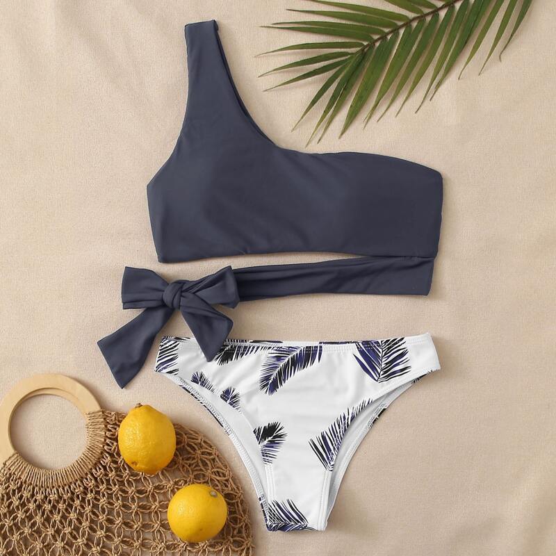 

Leaf One Shoulder Bikini Swimsuit, Multicolor