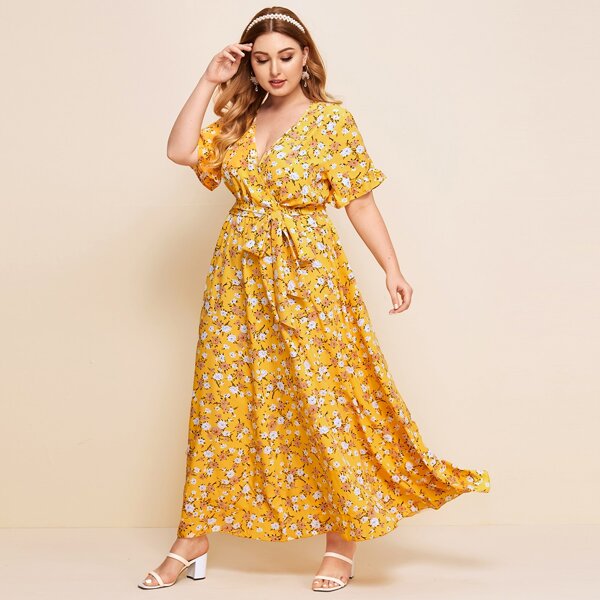 

Plus Allover Floral Print Surplice Neck Self Belted Dress, Yellow