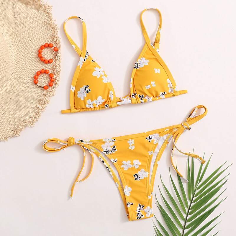 

Floral Triangle Tie Side Bikini Swimsuit, Yellow
