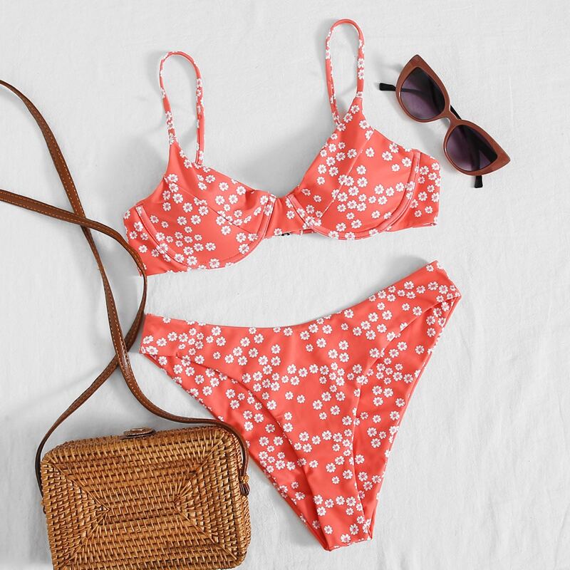 

Ditsy Floral Underwire Bikini Swimsuit, Red