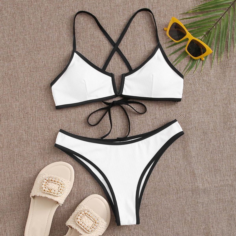 

V Wired Contrast Binding Bikini Swimsuit, White