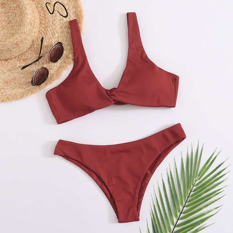 

Twist Ribbed Bikini Swimsuit, Burgundy