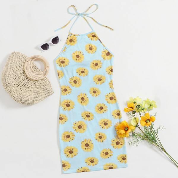 

Tie Back Sunflower Print Halter Dress, Blue