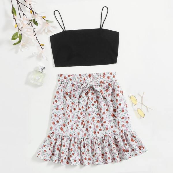 

Solid Cami Top & Self Belted Ruffle Hem Ditsy Floral Skirt Set, Multicolor