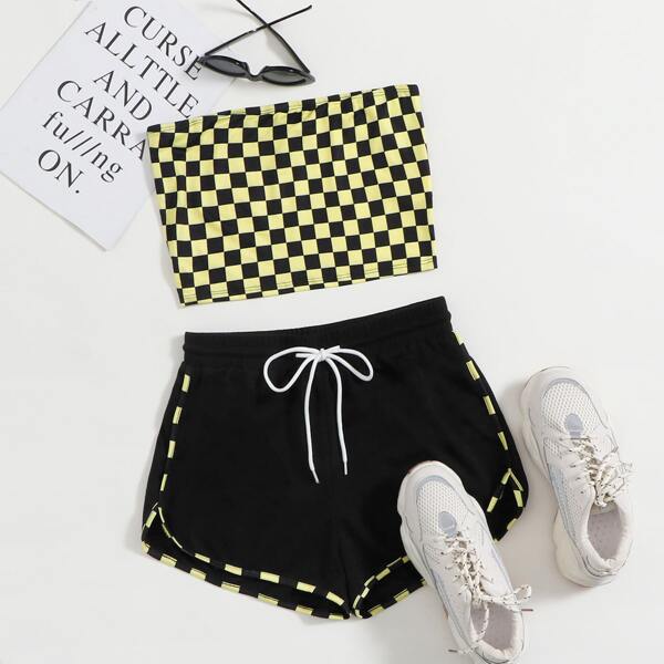 

Checkered Crop Tube Top & Drawstring Waist Dolphin Shorts Set, Yellow