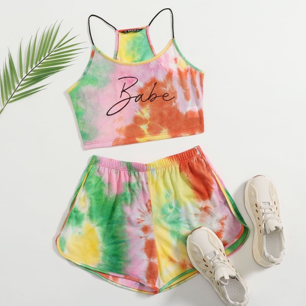 

Letter Graphic Tie Dye Crop Cami Top & Shorts Set, Multicolor