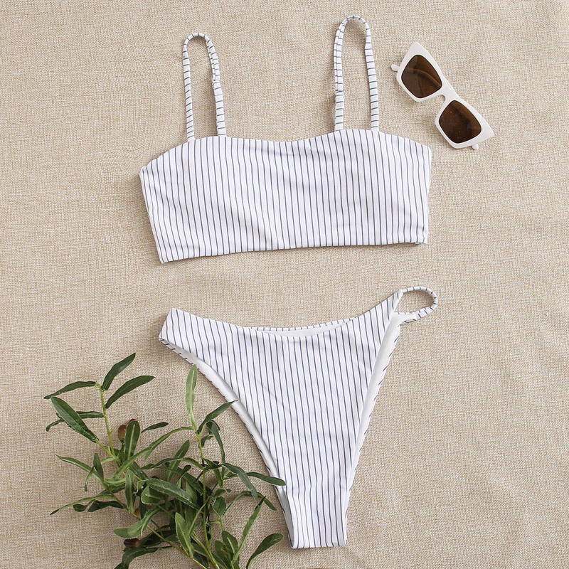 

Striped High Leg Bikini Swimsuit, White