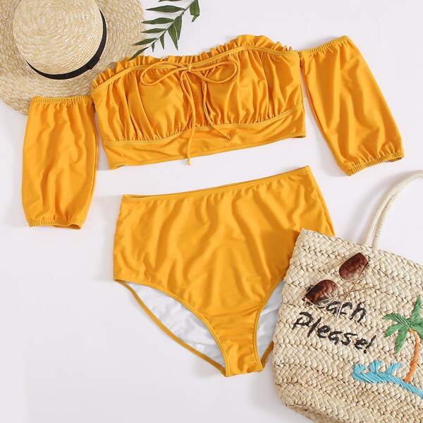 

Plus Frill Short Sleeve High Waisted Bikini Swimsuit, Yellow