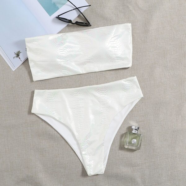 

Plus Croc Metallic Bandeau Bikini Swimsuit, White