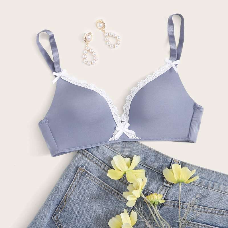 

Lace Trim Wireless Bra, Blue