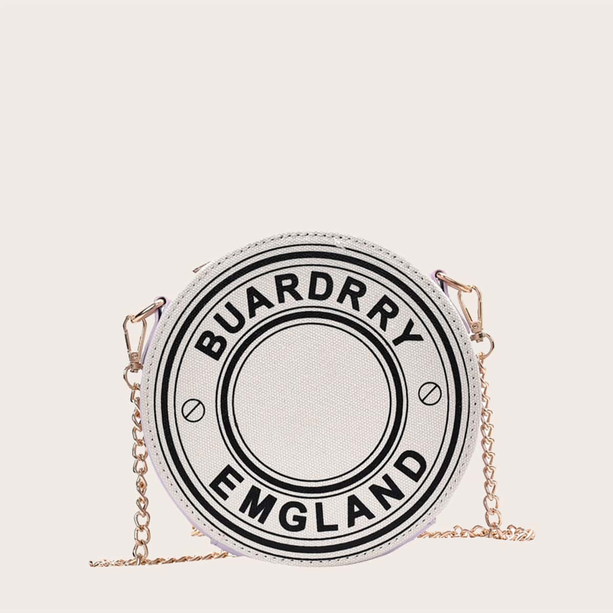 Round Letter Graphic Chain Bag, White