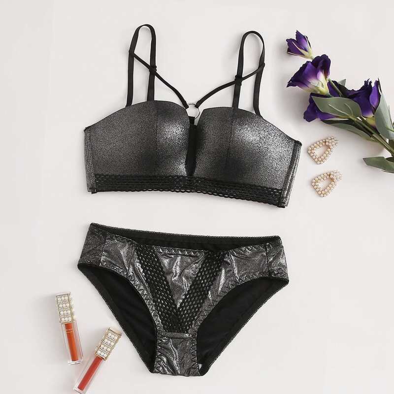 

Glitter Strappy Balconette Bra Lingerie Set, Black