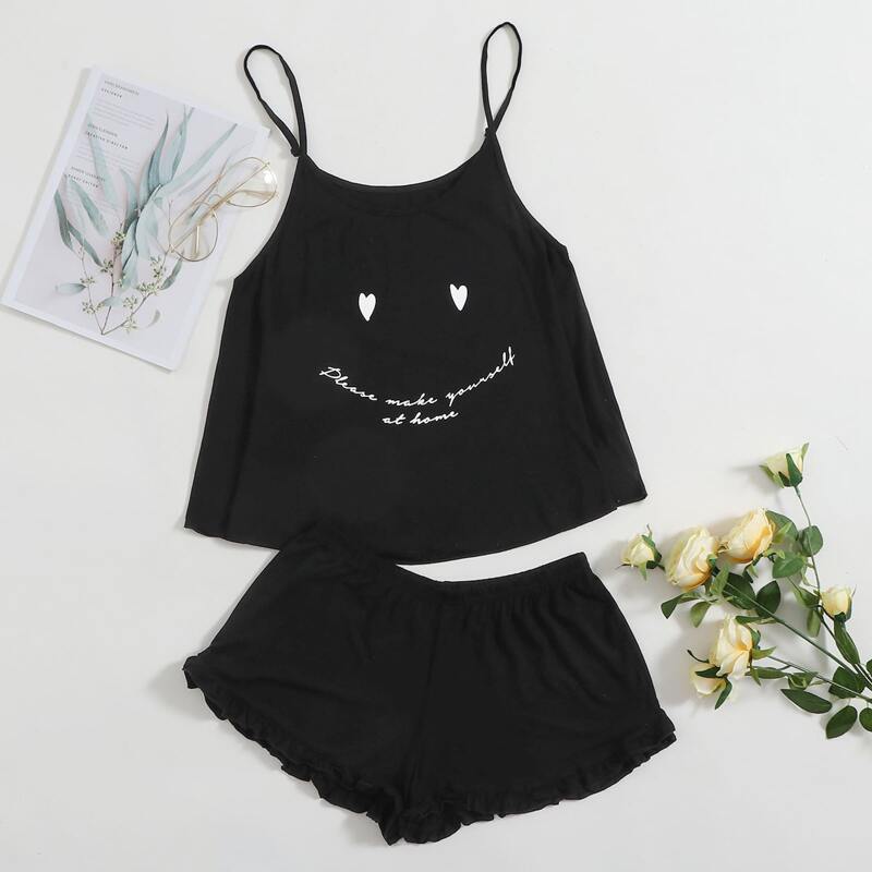 

Heart & Slogan Graphic Pajama Set, Black