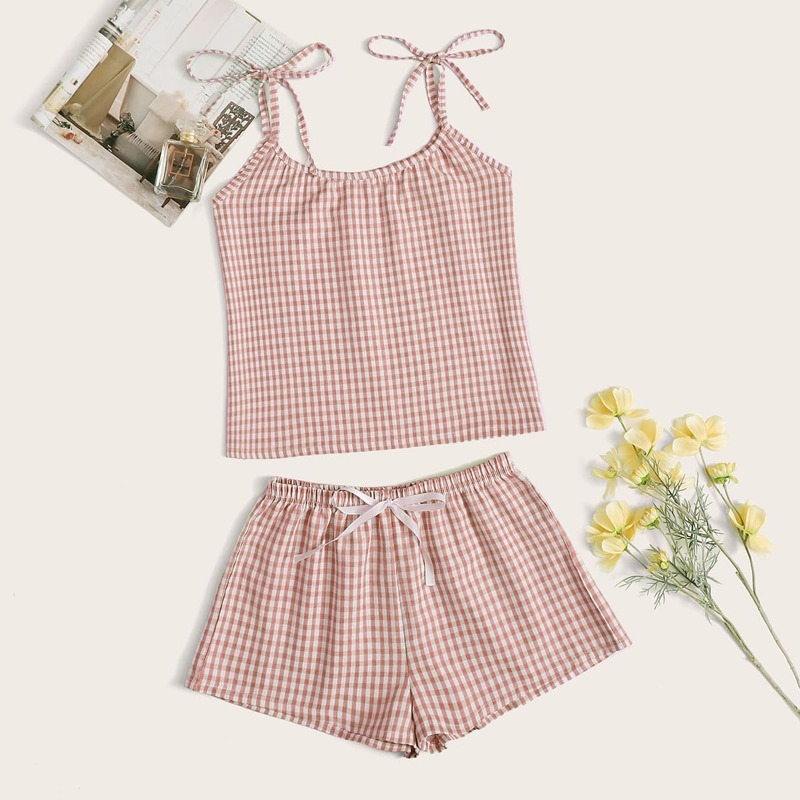 

Gingham Tie Shoulder Cami Top With Shorts PJ Set, Pink