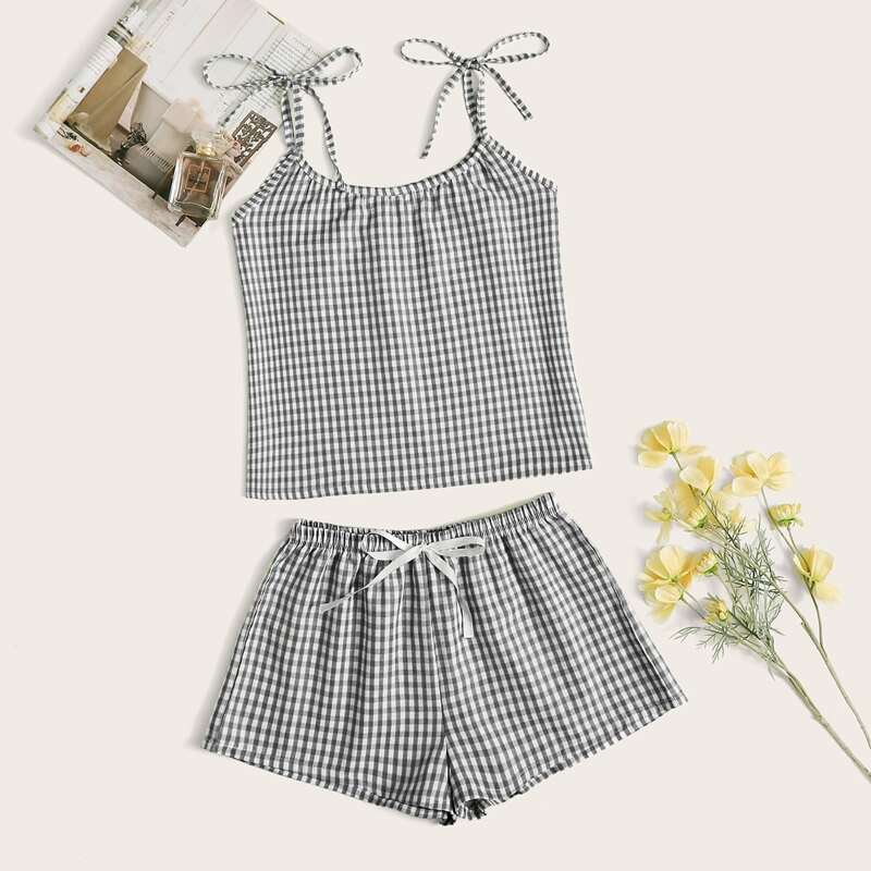 

Gingham Tie Shoulder Cami Top With Shorts PJ Set, Grey