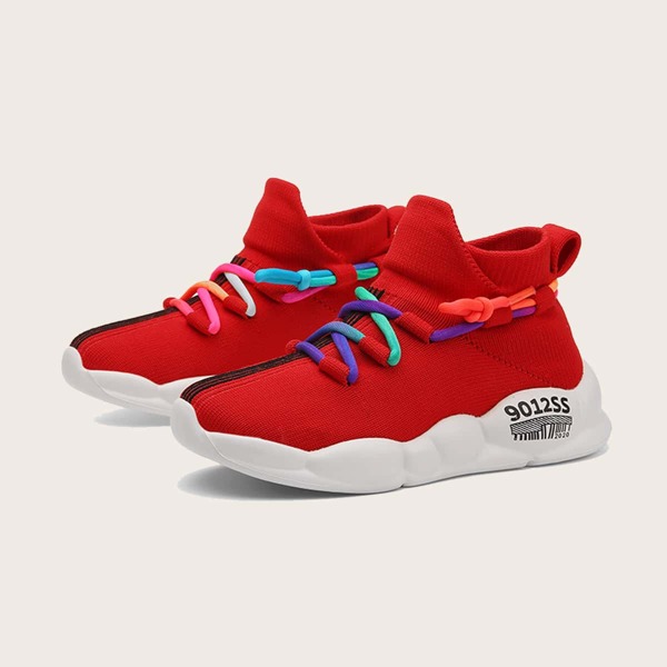 

Girls Striped Graphic Lace-up Front Knit Sneakers, Red