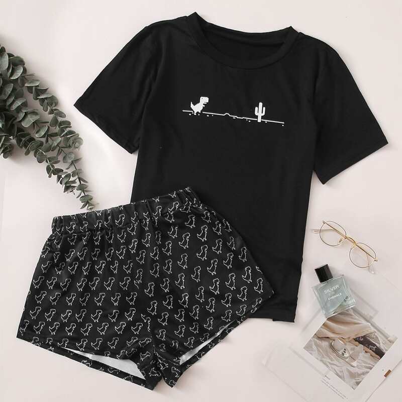 

Cartoon Dinosaur Print PJ Set, Black