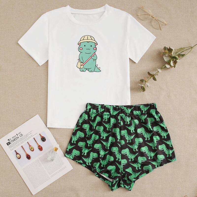 

Cartoon Dinosaur Print PJ Set, Multicolor