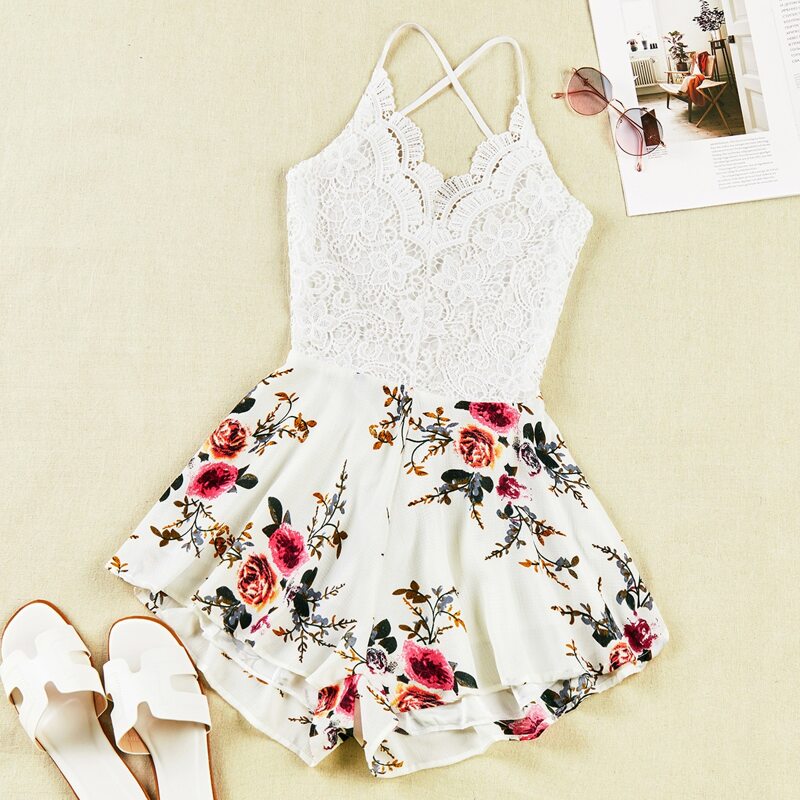 

Contrast Lace Floral Print Cami Romper, Multicolor