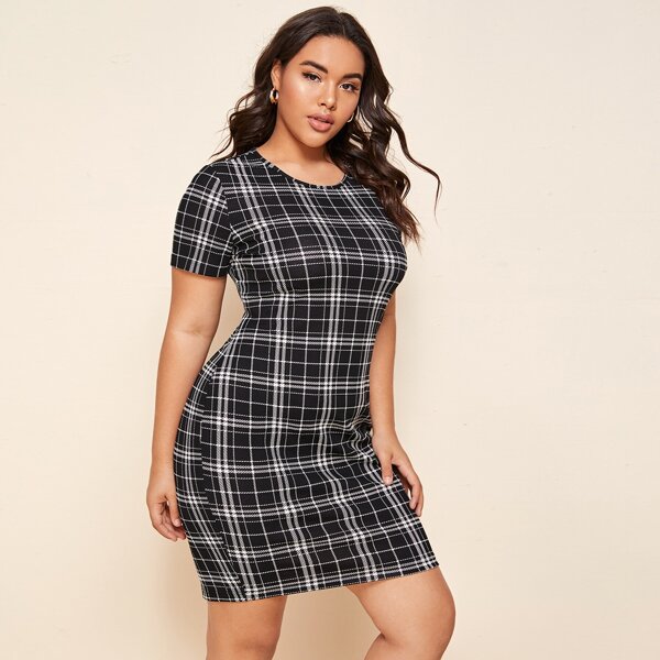 

Plus Plaid Print Fitted Dress, Black
