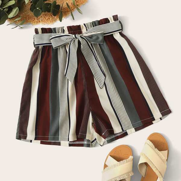 

Plus Striped Belted Wide Leg Shorts, Multicolor