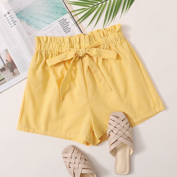 

Paperbag Waist Gingham Shorts, Yellow