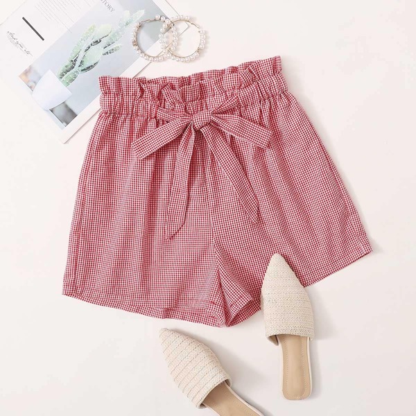 

Paperbag Waist Gingham Shorts, Red