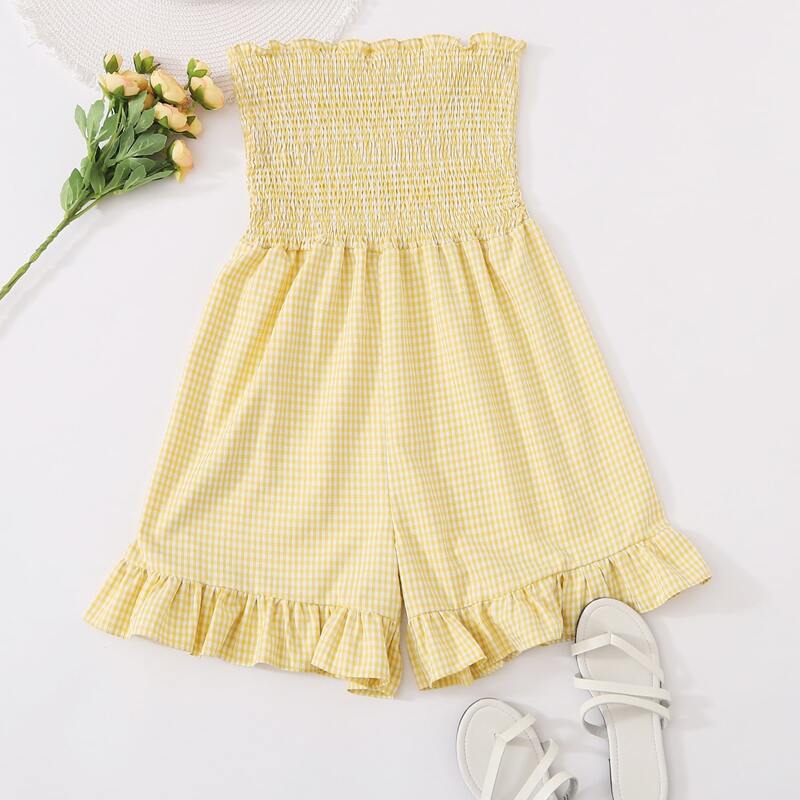 

Gingham Shirred Tube Romper, Yellow
