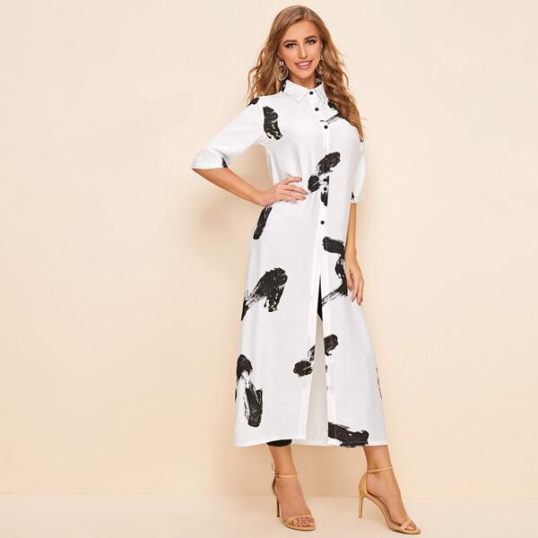 

Brush Print Button Up Shirt Dress, White