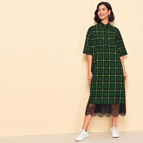 

Collared Buttoned Front Lace Hem Tartan Dress, Green