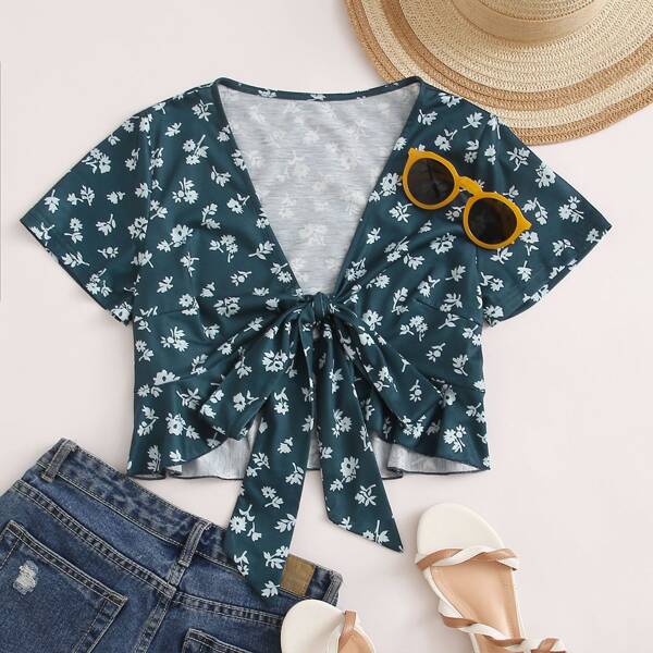 

Ditsy Floral Print Tie Front Top, Green