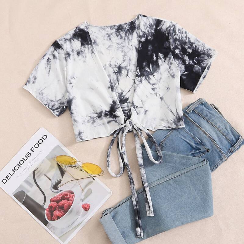

Tie Dye Knot Front Top, Black and white