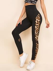 Mulvari Leopard Side Seam Mesh Insert Leggings - Black - View 2